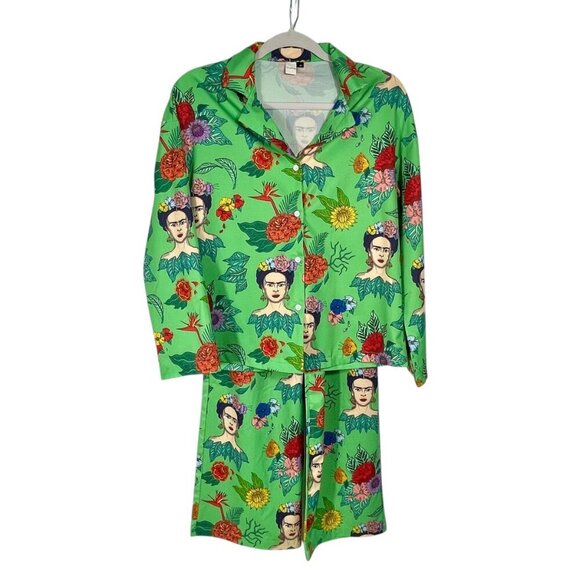 SHEIN X Frida Kahlo Pajama Set XS Green Floral Art Print Top & Pants - Picture 15 of 16